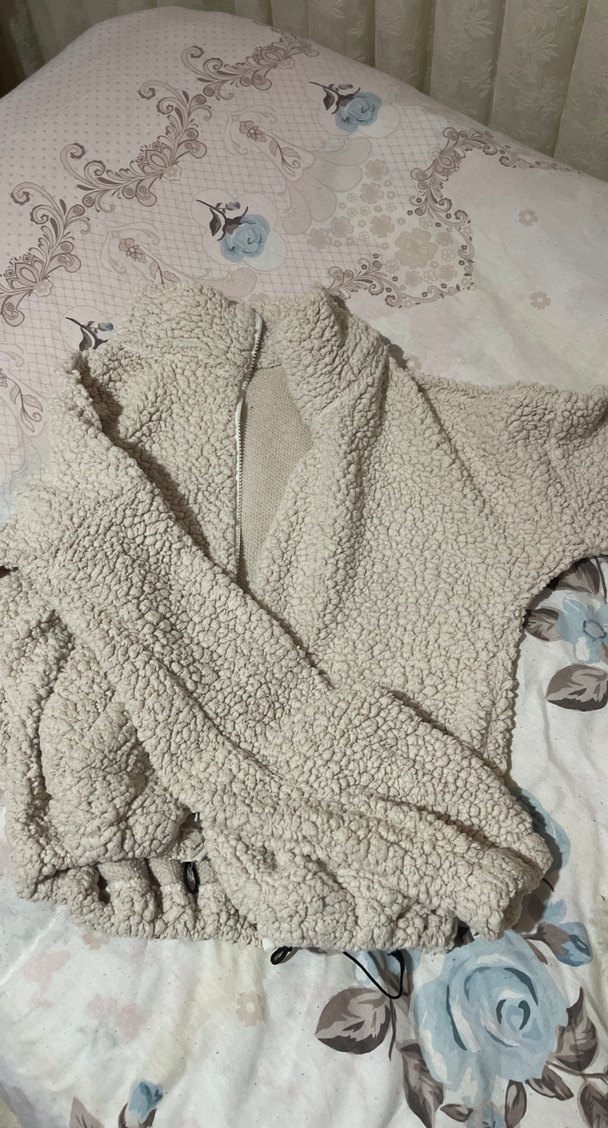 Gri Peluş Kadın Mont, Uzun Kollu, Boğazlı - Görsel 2