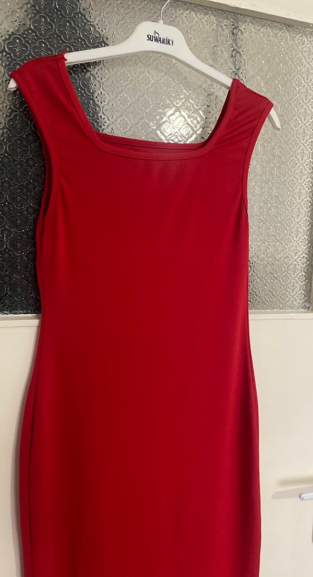 Kırmızı Drapeli Kadın Uzun Kalem Elbise - Görsel 5