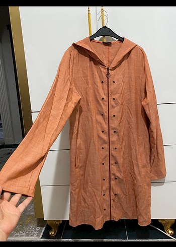 Düğmeli Uzun Keten Kadın Kaban - Görsel 2