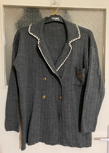 Gri Düğmeli Midi Triko Ceket - Görsel 2