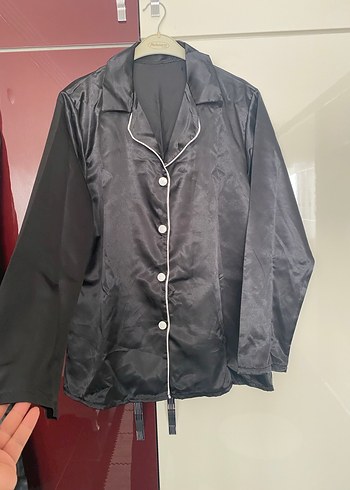 Siyah Uzun Kollu Saten Kadın Pijama Takımı - Görsel 5