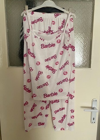 xl Beden pembe Renk Dantel Detaylı Barbie Desenli Kolsuz Pijama Takımı