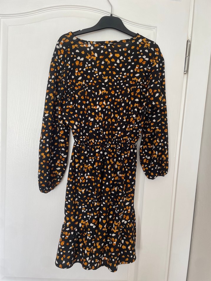 V Yaka Uzun Kollu Desenli Midi Elbise - Görsel 3