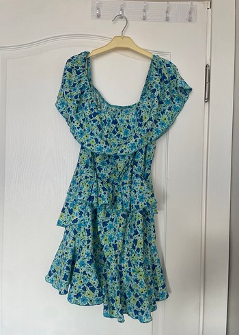 Mavi Desenli Mini Fırfırlı Kadın Elbise - Görsel 2