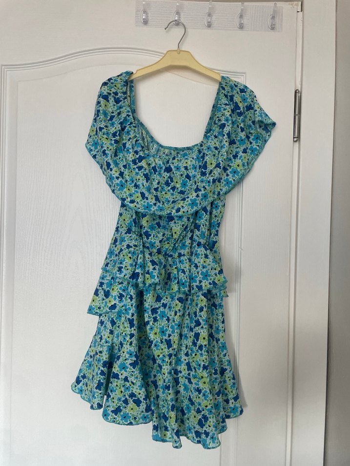 Mavi Desenli Mini Fırfırlı Kadın Elbise - Görsel 2