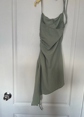 Gri Keten Midi Drapeli Askılı Elbise - Görsel 2