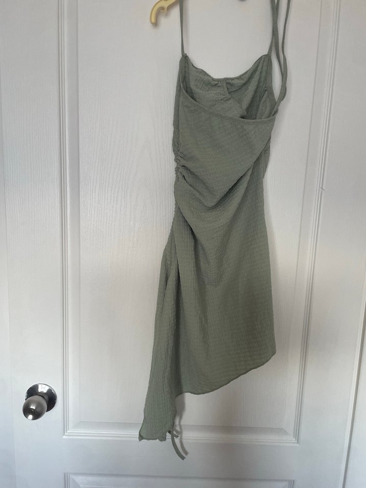 Gri Keten Midi Drapeli Askılı Elbise - Görsel 2