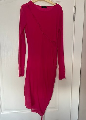 Pembe Drapeli Uzun Kollu Midi Elbise - Görsel 2