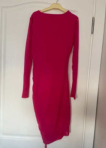 Pembe Drapeli Uzun Kollu Midi Elbise - Görsel 3