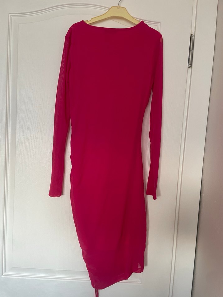 Pembe Drapeli Uzun Kollu Midi Elbise - Görsel 3