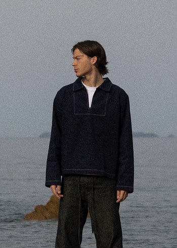 Erkek Lacivert Denim Düğmeli Uzun Kollu Sweatshirt - Görsel 4