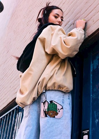 Siyah Baskılı Rahat Kesim Kadın Denim Pantolon - Görsel 8