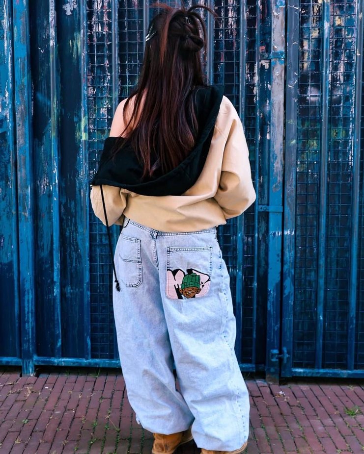 Siyah Baskılı Rahat Kesim Kadın Denim Pantolon - Görsel 5