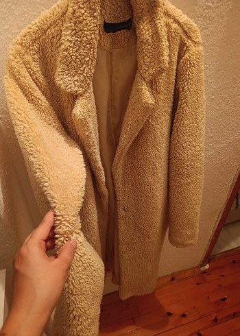 Bej Uzun Peluş Kadın Kaban - Görsel 4