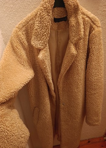 Bej Uzun Peluş Kadın Kaban - Görsel 2