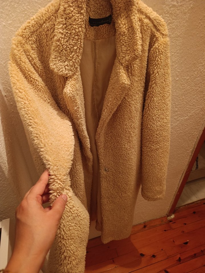 Bej Uzun Peluş Kadın Kaban - Görsel 4