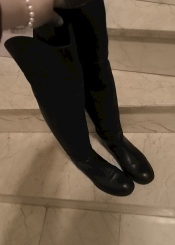 Siyah Deri Dizüstü Stiletto Topuklu Bot