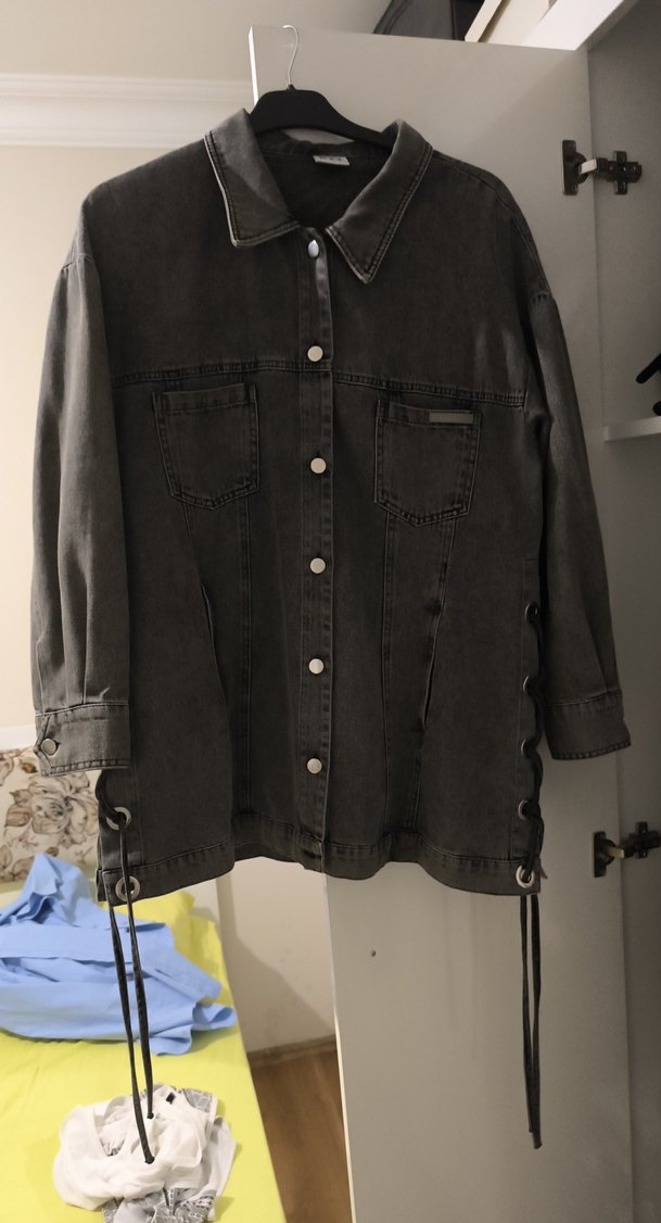 Gri Kadın Denim Midi Ceket - Görsel 3