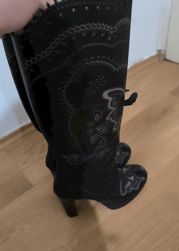 Kemerli Siyah Dizüstü Yüksek Topuklu Botlar - Görsel 5