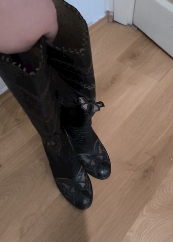 Kemerli Siyah Dizüstü Yüksek Topuklu Botlar - Görsel 7