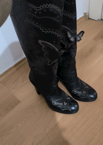 Kemerli Siyah Dizüstü Yüksek Topuklu Botlar - Görsel 3