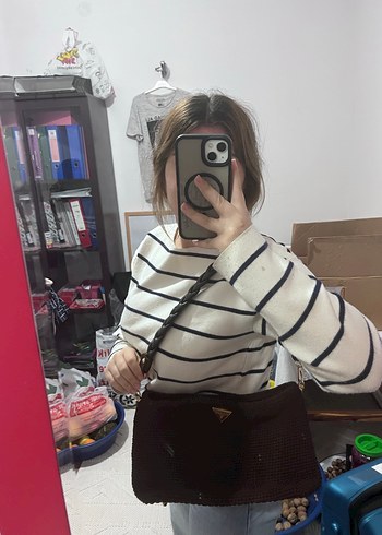 Siyah Beyaz Örgü Kadın Çanta - Görsel 2