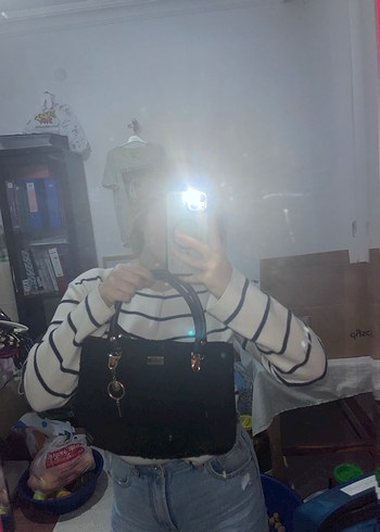 Siyah Beyaz Örgü Kadın Çanta - Görsel 10