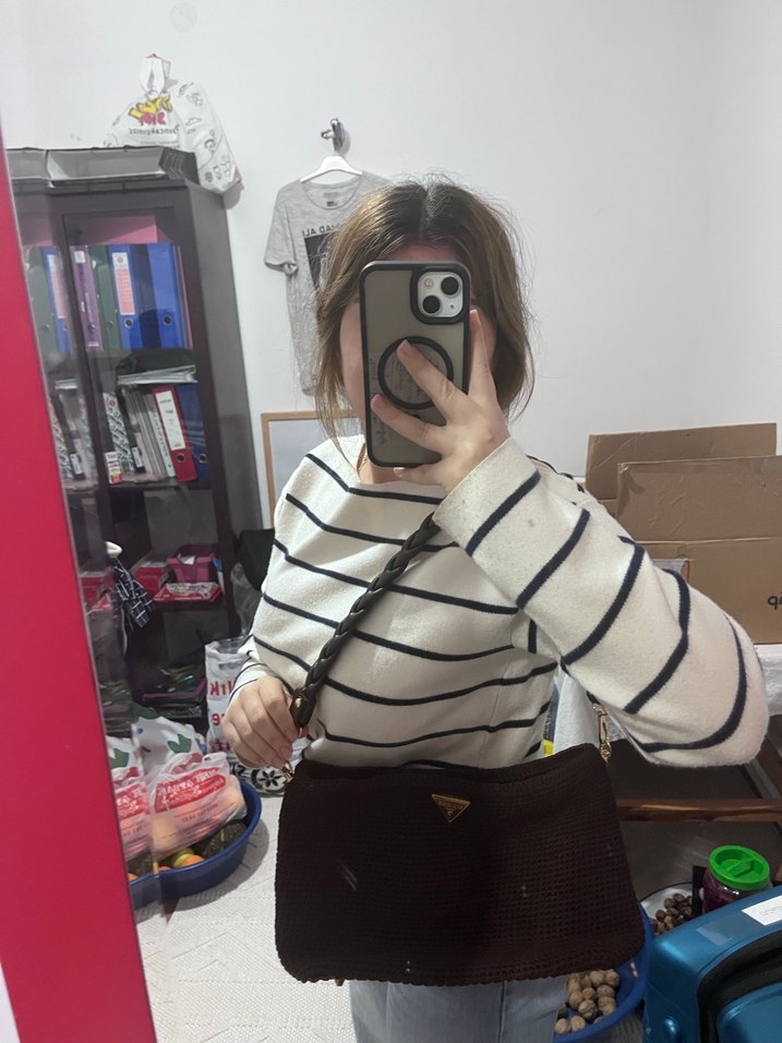 Siyah Beyaz Örgü Kadın Çanta - Görsel 2