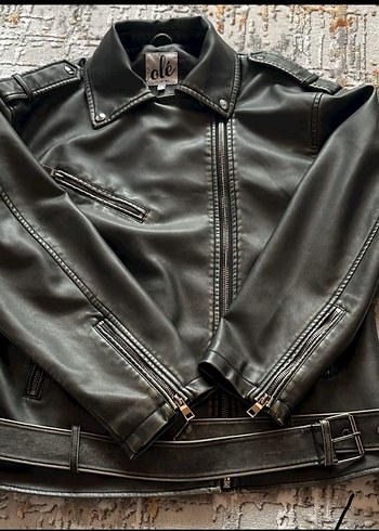 xs Beden Kemerli Siyah Deri Biker Ceket