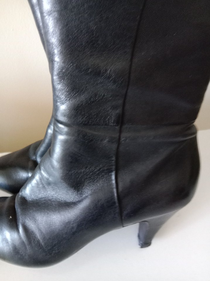 Siyah Deri Tokalı Dizüstü Stiletto Çizme - Görsel 2