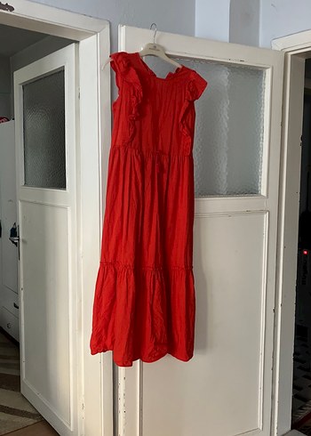 Kırmızı Uzun Keten Fırfırlı Elbise - Görsel 3