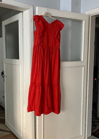 Kırmızı Uzun Keten Fırfırlı Elbise - Görsel 4
