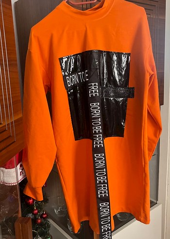 40 Beden Turuncu Baskılı Kuşaklı Sweatshirt