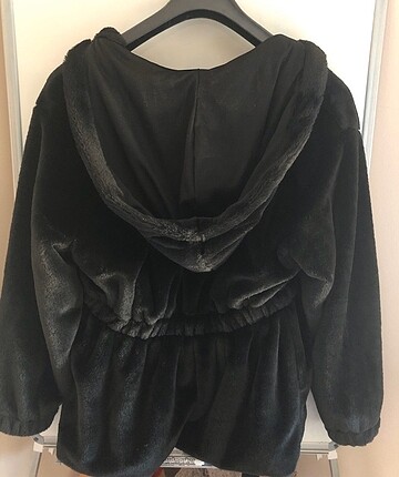 s Beden siyah Renk kapişonlu bel bağlama detaylı peluş ceket