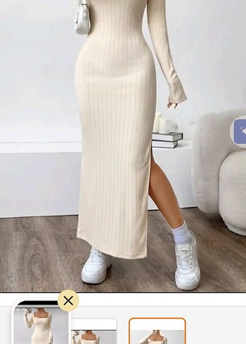 Diğer Beyaz Uzun Kollu Fitted Uzun Elbise