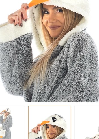 Home Penguen Nakışlı Kapşonlu Peluş Sabahlık - Görsel 2