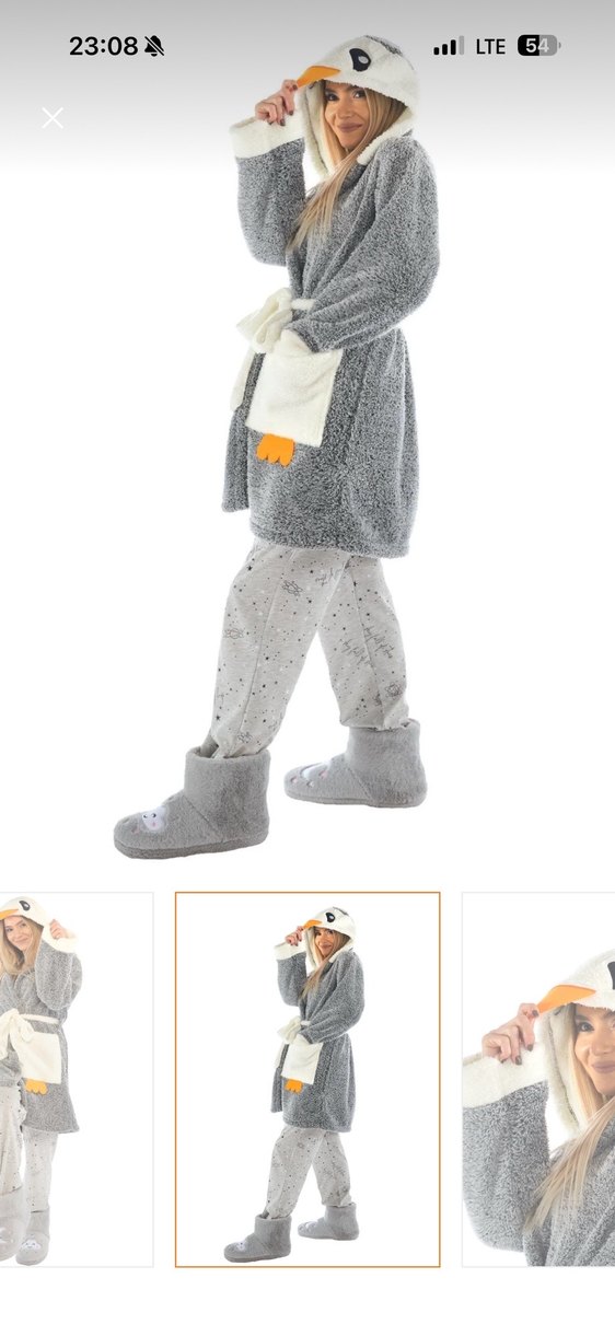 Home Penguen Nakışlı Kapşonlu Peluş Sabahlık - Görsel 3