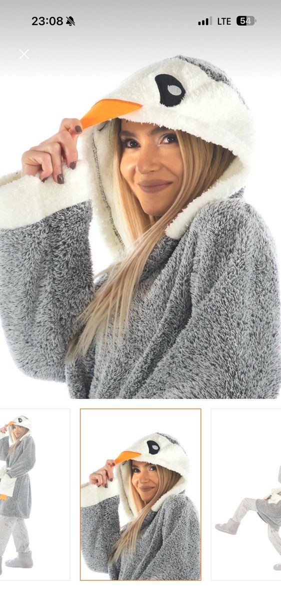 Home Penguen Nakışlı Kapşonlu Peluş Sabahlık - Görsel 2