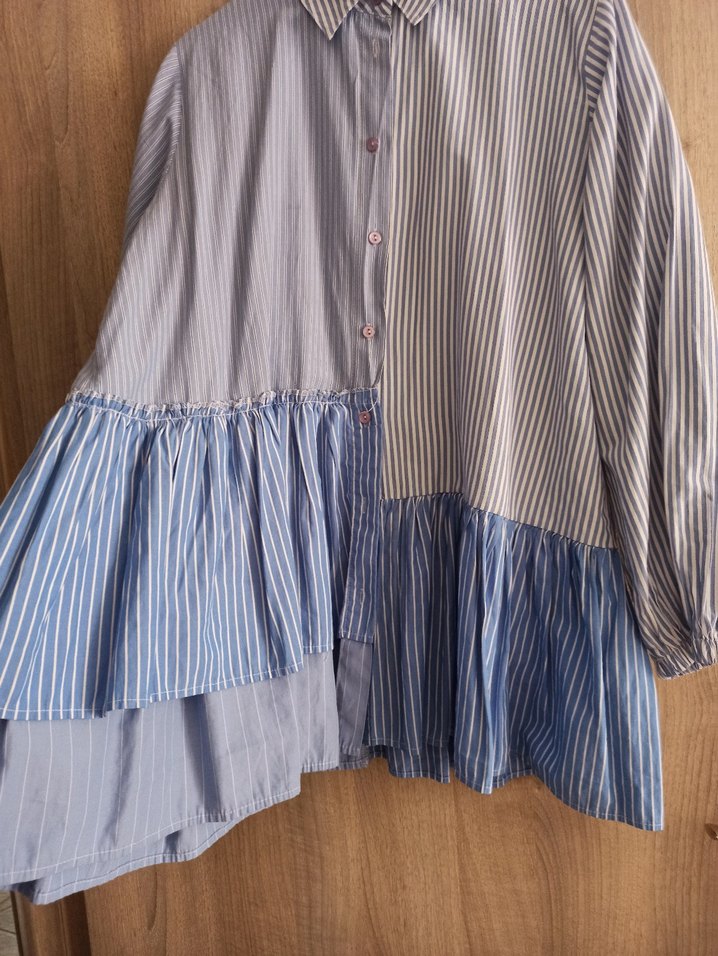 Mavi beyaz Pilili  Kadın Gömlek - Görsel 3