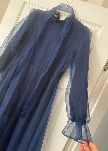 Uzun Lacivert tüllü Kadın Elbise - Görsel 6