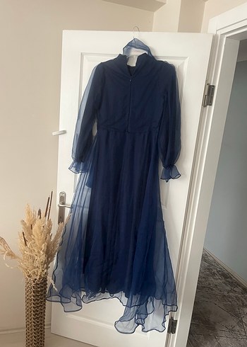 Uzun Lacivert tüllü Kadın Elbise - Görsel 5