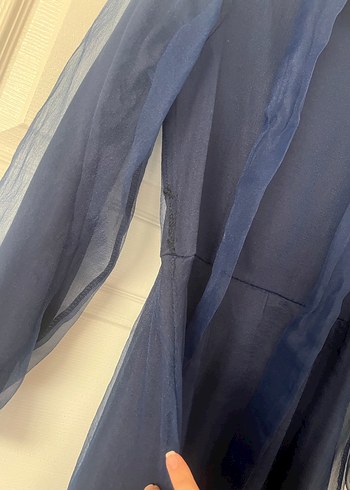 Uzun Lacivert tüllü Kadın Elbise - Görsel 3