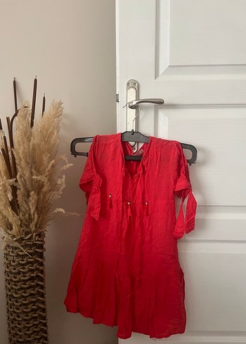 Kız Çocuk Kırmızı Bohem Keten Elbise - Görsel 2