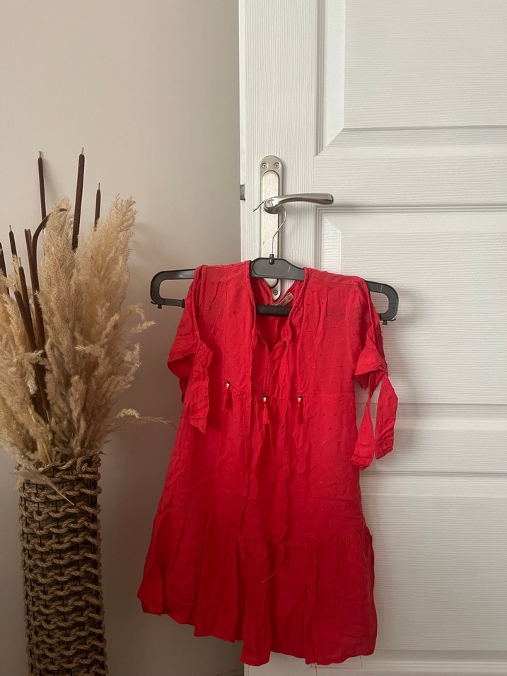 Kız Çocuk Kırmızı Bohem Keten Elbise - Görsel 2