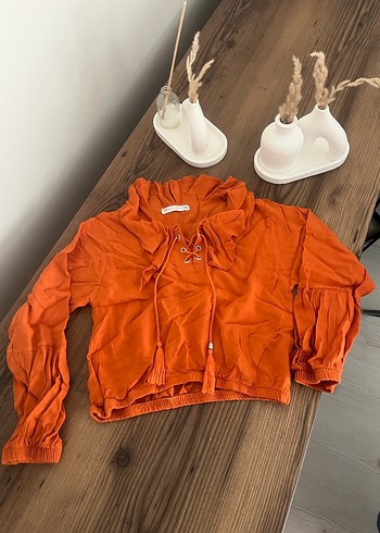 Keten Kumaşlı Kahverengi Fırfırlı Bluz - Görsel 2