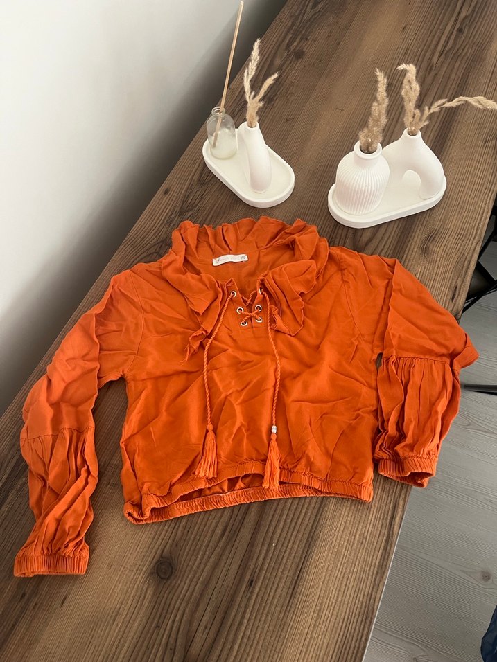 Keten Kumaşlı Kahverengi Fırfırlı Bluz - Görsel 2