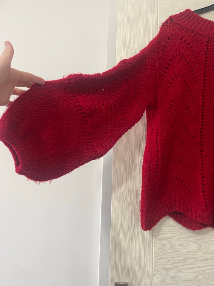 Kırmızı Bohem Örgü Kadın Kazak - Görsel 2