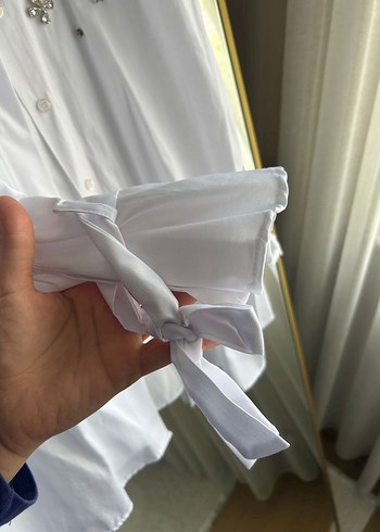diğer Beden beyaz Renk İşlemeli Beyaz Uzun Kollu Midi Gömlek