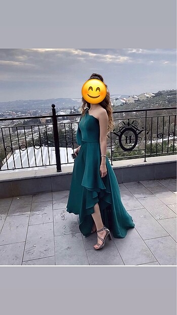 xs Beden yeşil Renk Tek Kol-Balon Kollu Yırtmaçlı Abiye