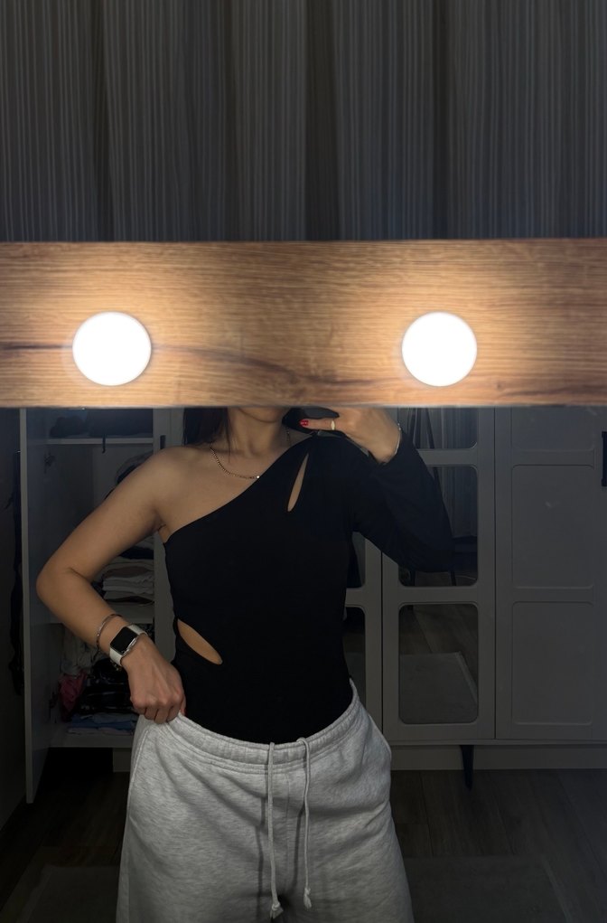 Tek Kol Uzun Kollu Siyah bodysuit - Görsel 3